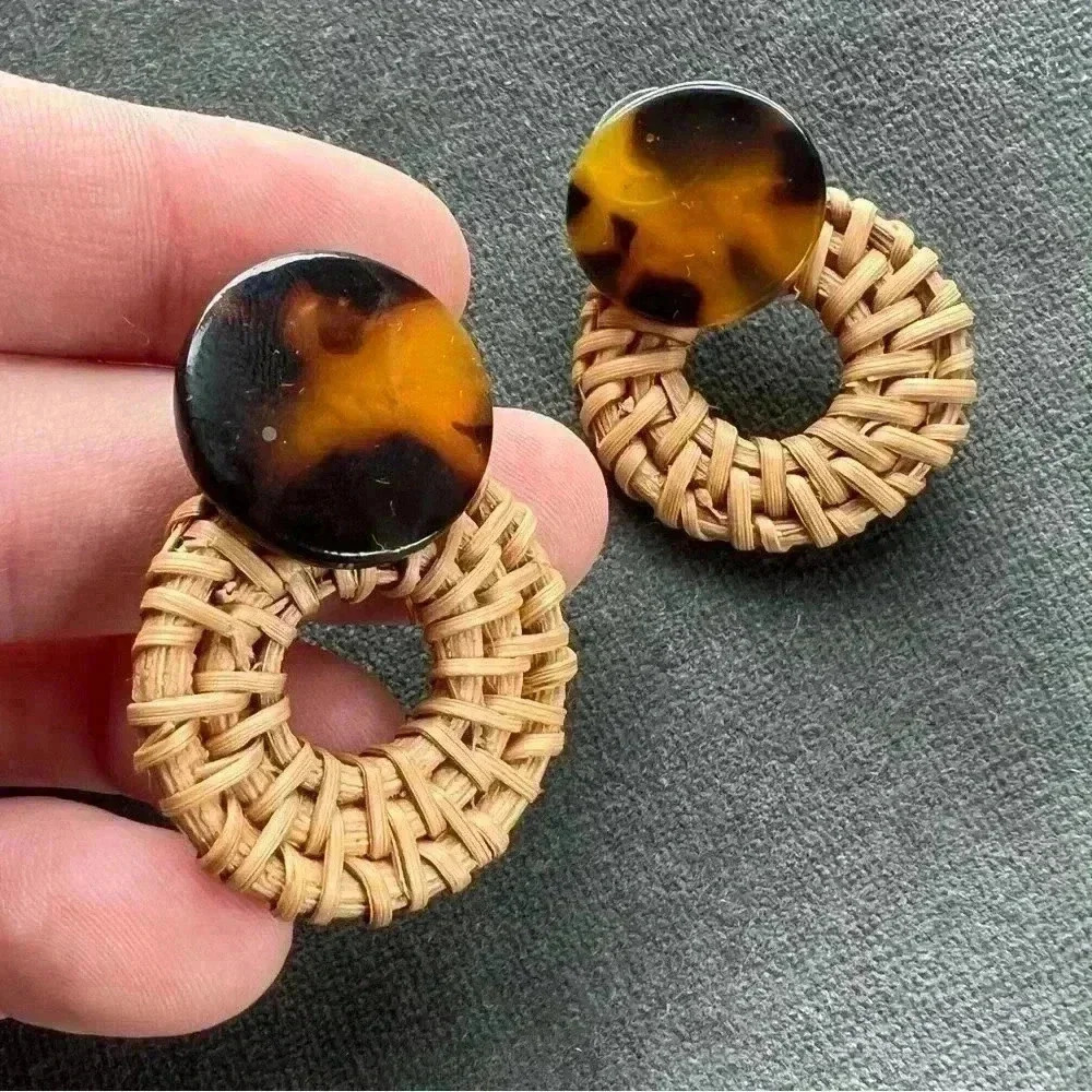 Rattan Hoop Dangle Earrings Bohemia Straw Braided Wicker Tortoise Shell